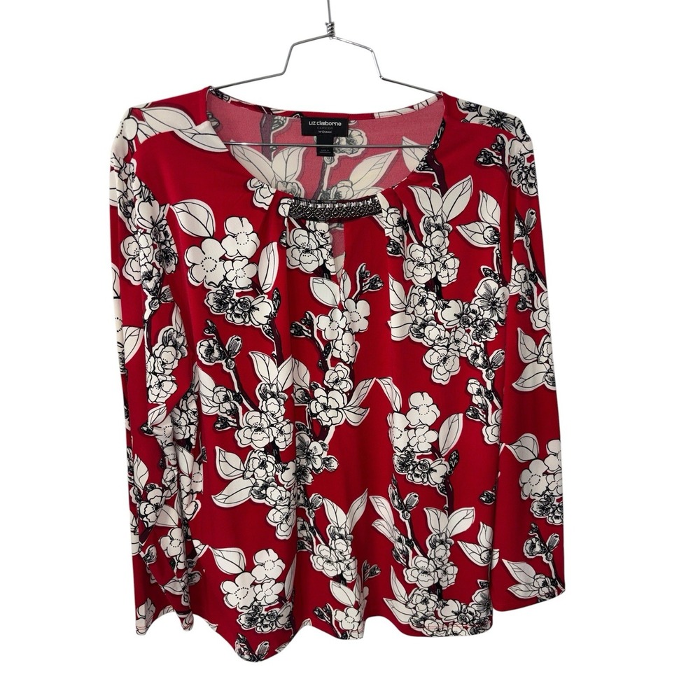 Liz Claiborne Career Top Womans 2X Red Black White Floral Metal Bling Neckline